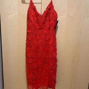 Red lace midi bodycon dress